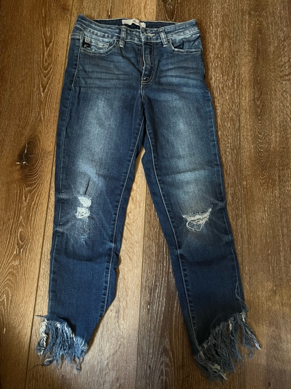 KanCan Dark Blue Distressed Cropped Jeans with Frayed Ankles